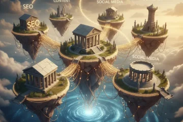 Infographic or visual representation of a comprehensive linkbuilding strategie, showcasing interconnected tactics such as content marketing, outreach, broken link building, and guest posting to improve SEO.