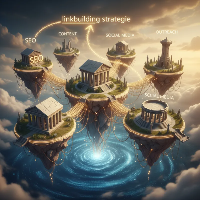 Infographic or visual representation of a comprehensive linkbuilding strategie, showcasing interconnected tactics such as content marketing, outreach, broken link building, and guest posting to improve SEO.