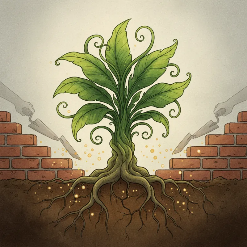 A stylized image of a growing plant with roots firmly in the ground, symbolizing organic growth and earned trust, contrasting with a brick wall being 
