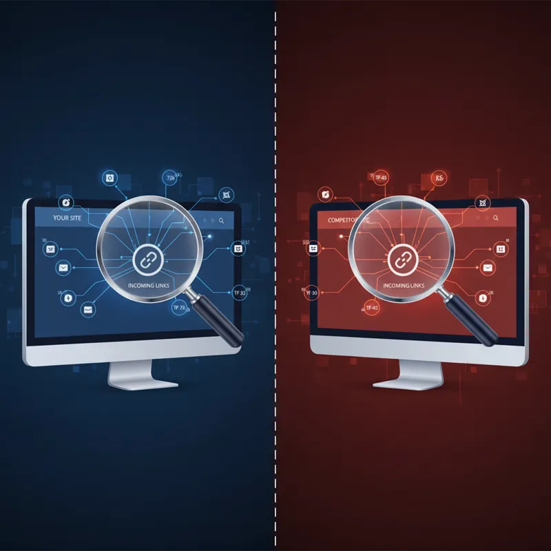 A split image or infographic demonstrating two distinct scenarios: on one side, a magnifying glass hovering over a website showing incoming links (rep