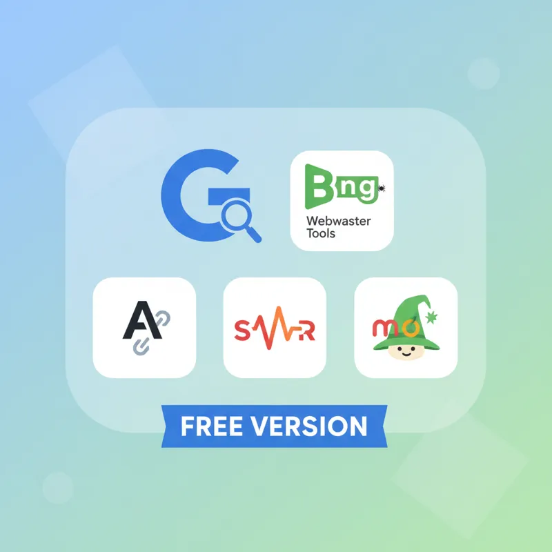 A collage of simplified icons or logos representing Google Search Console, Bing Webmaster Tools, and a few popular SEO tools (Ahrefs, Semrush, Moz) wi