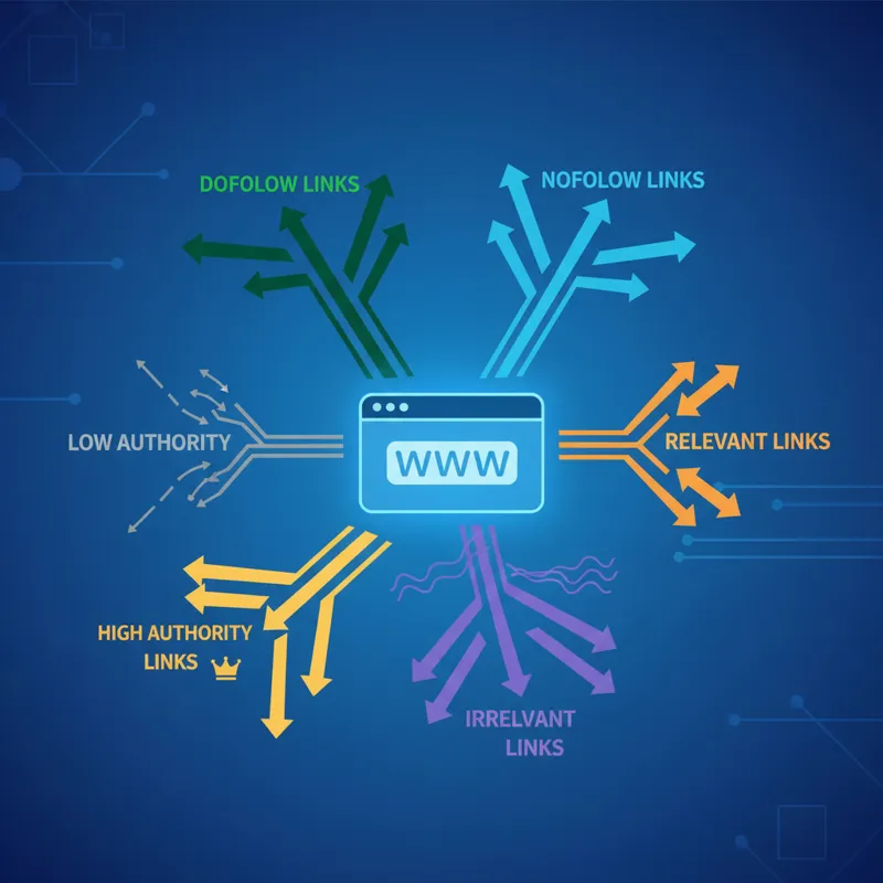 An infographic illustrating a website at the center, with various types of inbound links (dofollow, nofollow, relevant, irrelevant, high authority, lo