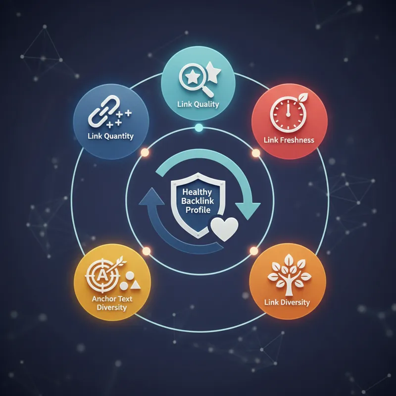 A circular diagram showing interconnected elements: Link Quantity, Link Quality, Link Relevance, Anchor Text Diversity, Link Diversity, and Link Fresh