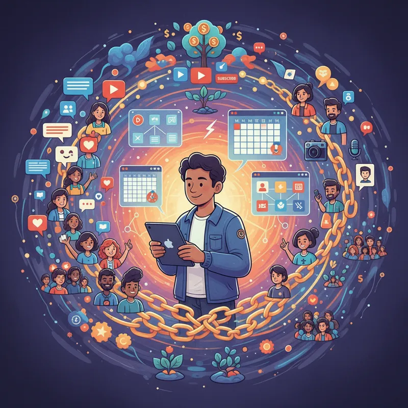 A vibrant, detailed illustration of a YouTube creator strategically planning content, engaging with their audience, and collaborating with others, sho