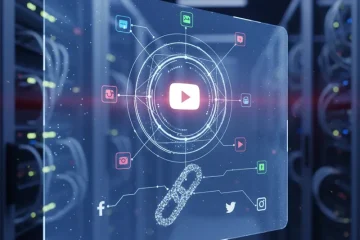 A conceptual image of a 'YouTube Backlink Generator' tool interface on a computer screen, illustrating automated link building and improved YouTube SEO.