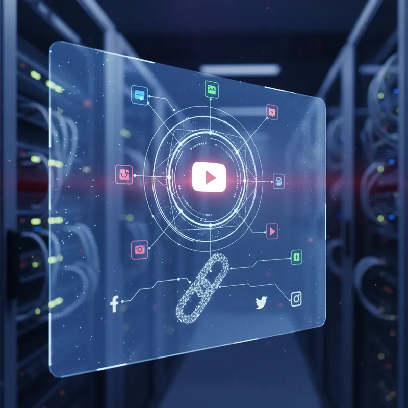 A conceptual image of a 'YouTube Backlink Generator' tool interface on a computer screen, illustrating automated link building and improved YouTube SEO.