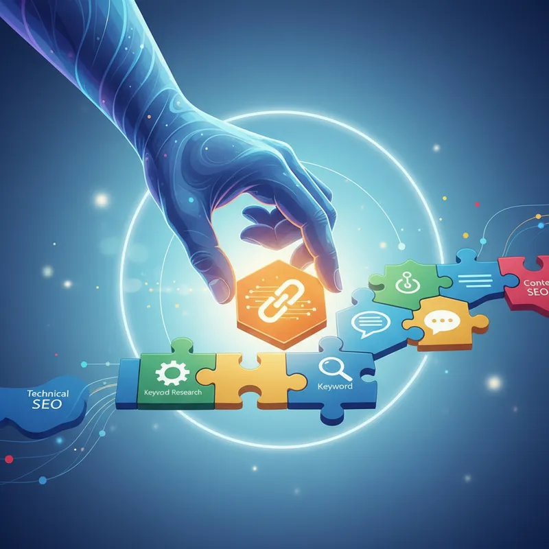 An abstract illustration showing a hand carefully placing a puzzle piece (representing a high-quality backlink) into a larger puzzle (representing a w