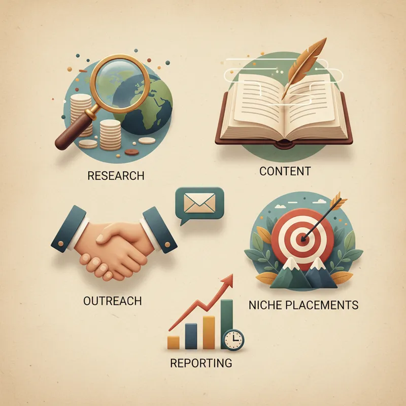 A collage of icons representing various link building services: a magnifying glass for research, an open book for content, a handshake for outreach, a