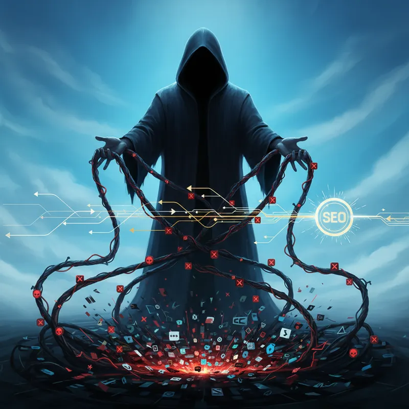 A stark visual of a dark, shadowy figure in a hood manipulating strings or connections, representing the deceptive nature of black hat link building, 
