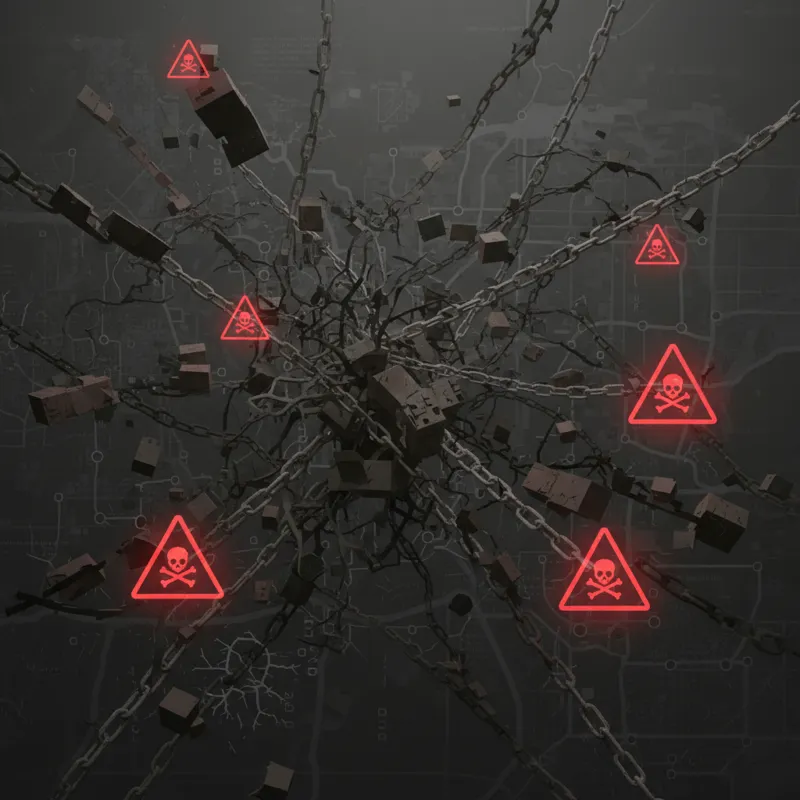 A complex, tangled web of dark, broken, and weak links, with ominous red warning signs scattered throughout, illustrating various black hat link build