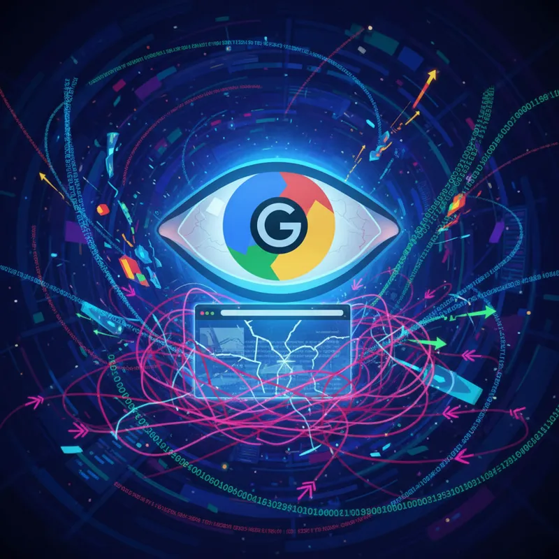 A menacing, all-seeing eye of Google (stylized with a 'G') observing a website caught in a web of manipulative links, with lines of code and data flow