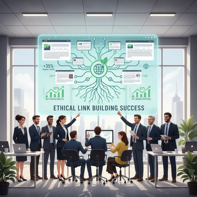 A diverse group of business professionals in a modern, brightly lit office, looking at a large screen displaying positive SEO metrics and a network of
