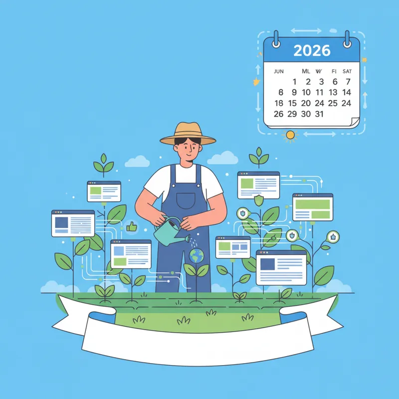 An illustration showing a person tending to a garden of websites, symbolizing nurturing and ethical growth, with a clear blue sky and a 