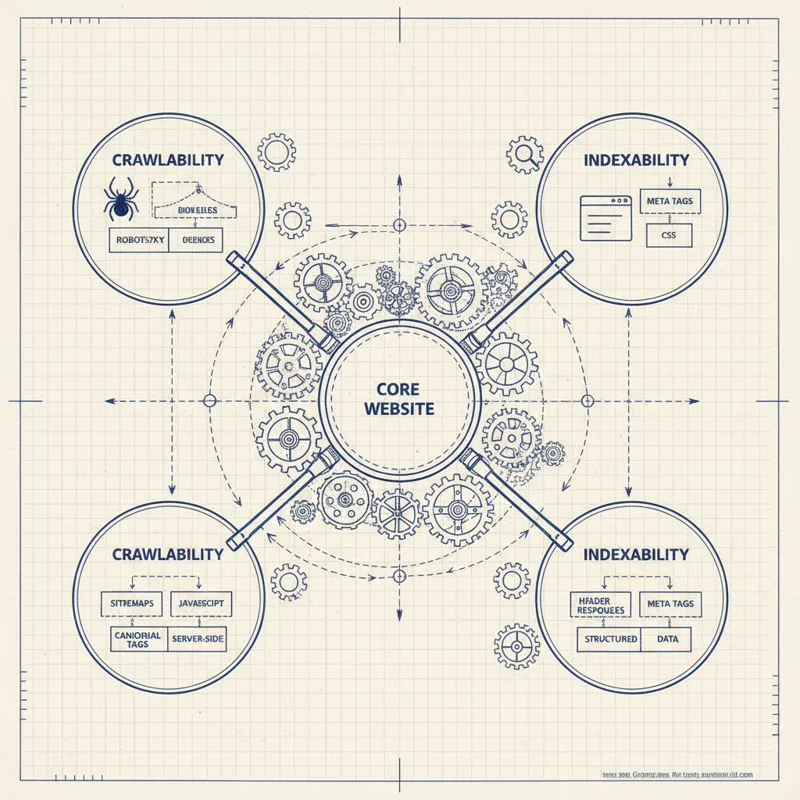 A blueprint drawing of a website structure with gears and lines connecting different components, representing technical SEO foundations.