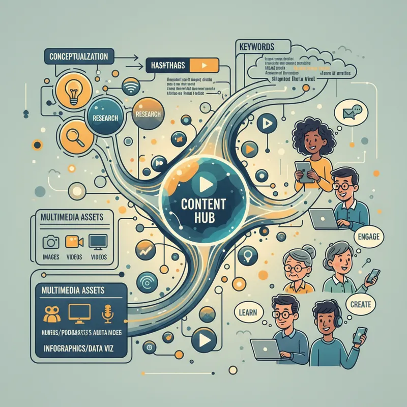 A vibrant, detailed infographic showing interconnected ideas, keywords, and multimedia elements flowing into a central 'content' hub, with diverse use
